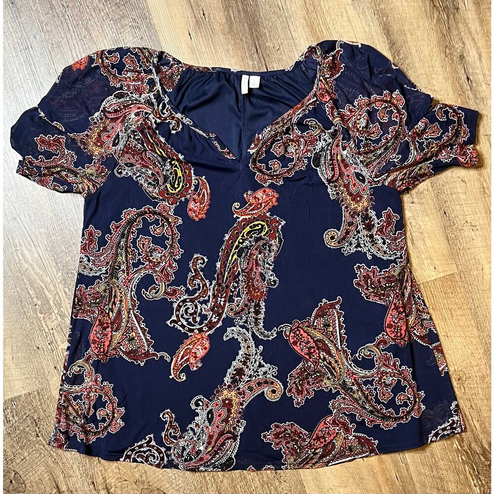 Women's Cato Chic Boho Paisley Print Navy Blue Blouse w/ Layered Sleeves Sz L